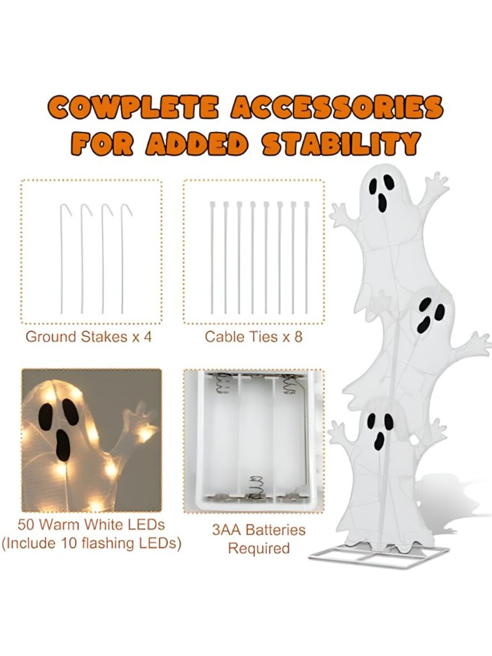 Halloween Lighted 3 Stacked Ghosts, 42’’ H Pre-Lit Lighted Ghosts - Picture 5 of 7